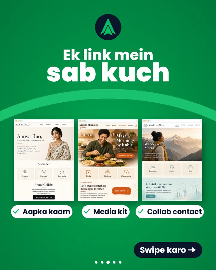 Ek link mein sab kuch: aapka kaam, media kit, collab contact.