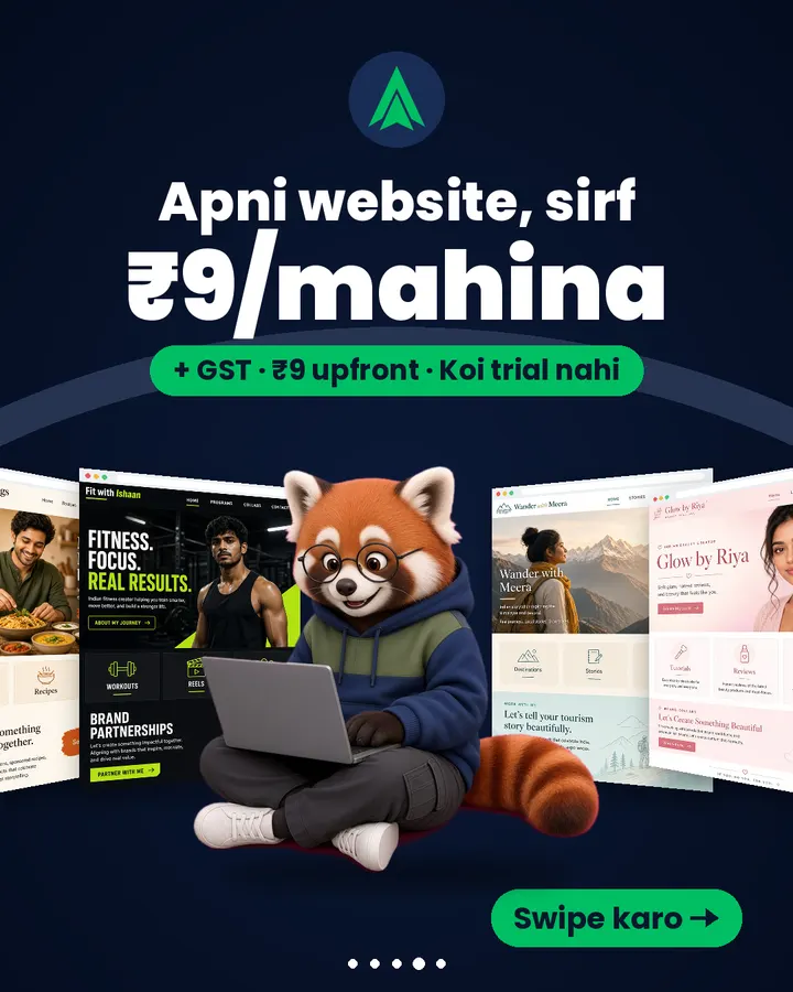 Apni website, sirf ₹9/mahina. + GST, ₹9 upfront, koi trial nahi.