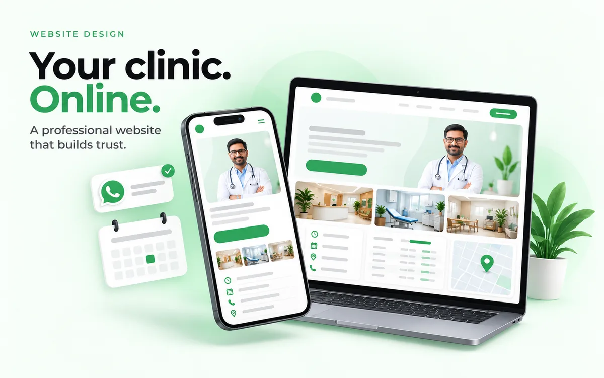 A clinic website shown on a laptop and a phone, with WhatsApp and calendar icons