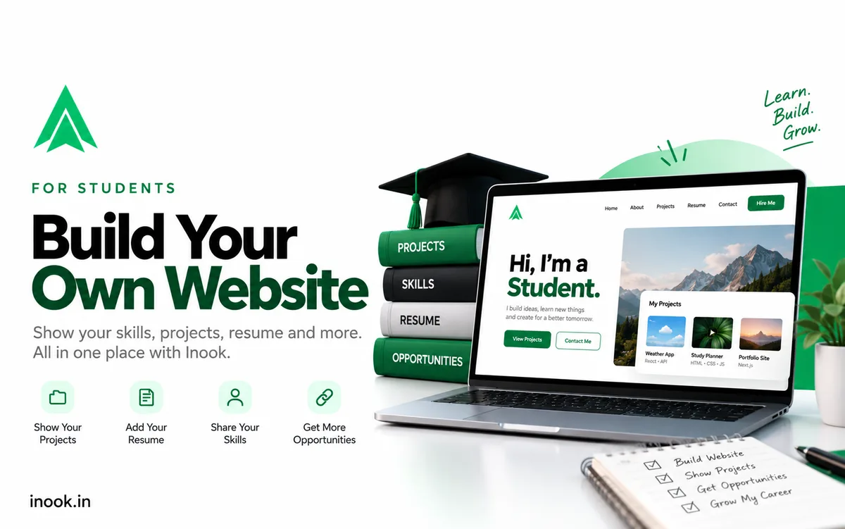 Build your own website, for students: a student site on a laptop showing projects, with books labelled projects, skills, resume and opportunities